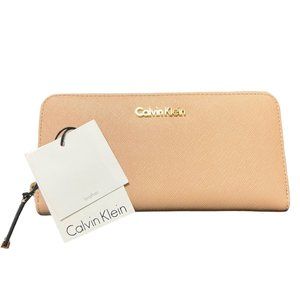 Calvin Klein Saffiano Leather Zip Wallet Beige Tan NWT